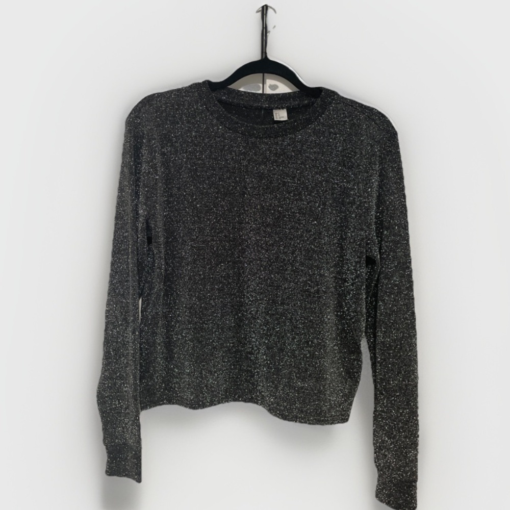 Women’s HM Sparkly Shimmer Black Silver Glitter Long Sleeve Top T Shirt Size S